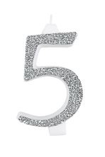 Picture of GIANT GLITTER NUMERAL CANDLE N.5 - SILVER 14CM